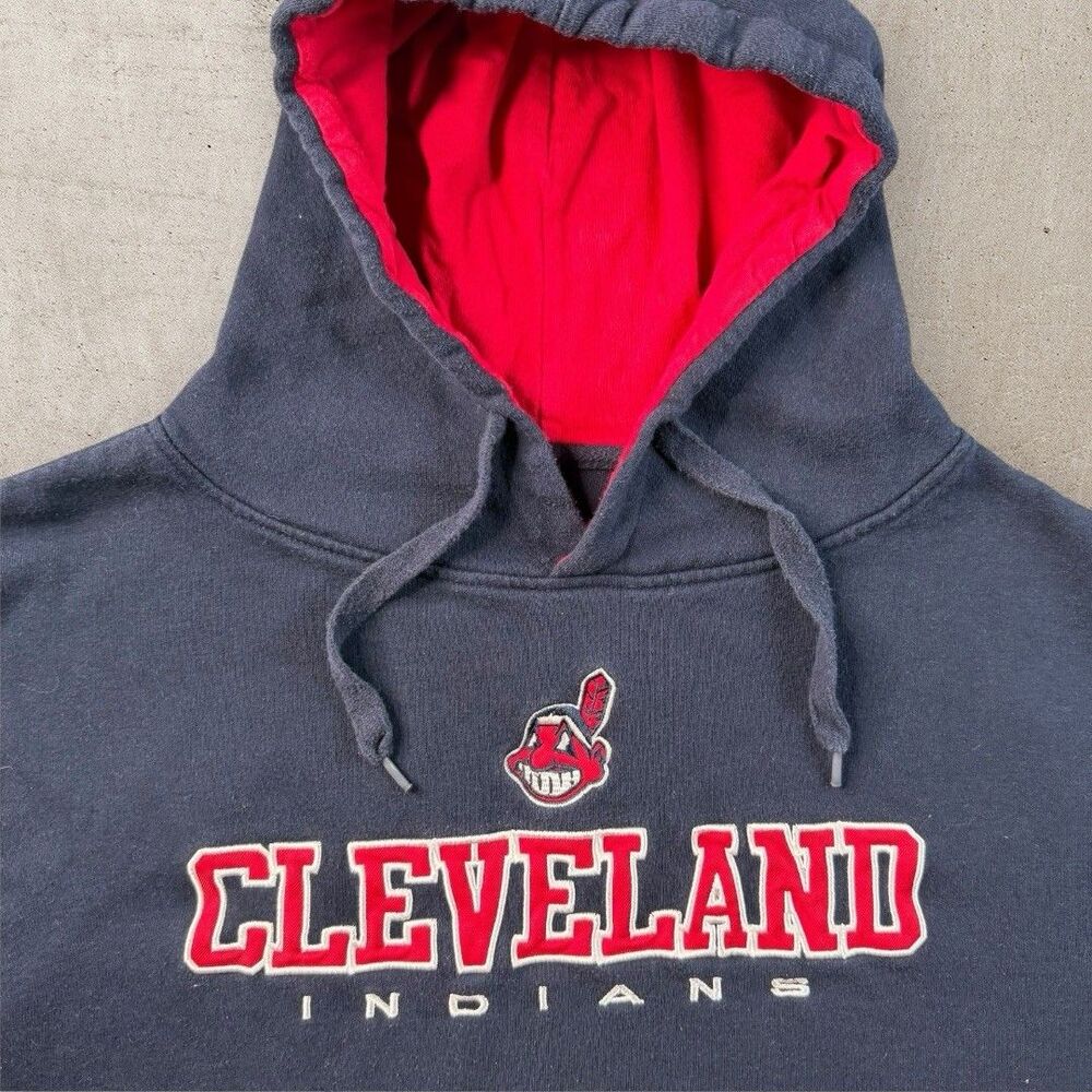 Cleveland Indians Spell Out Hoodie Mens Medium Blue Chief Wahoo Fanatics MLB Y2K
